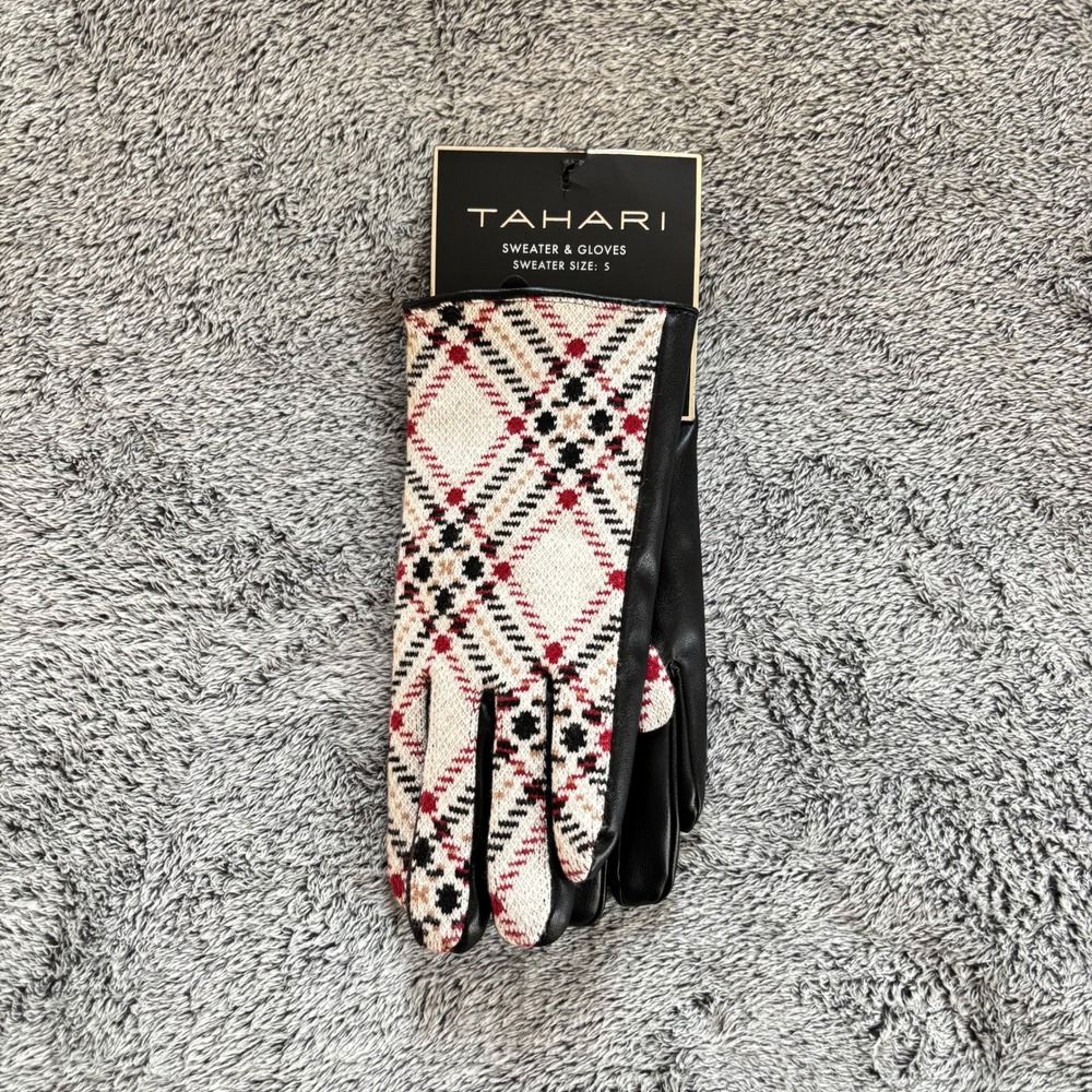 Tahari Women Gloves Small Plaid Knit Faux Leather Trim Preppy Old Money 20257